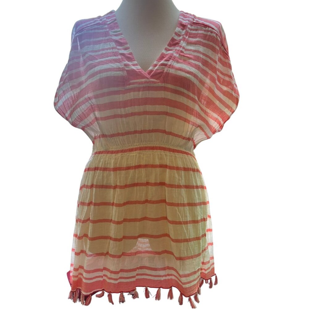 Athleta Coral Stripe Swim Cover Up Medium Tassel Hem Beach Tunic Dress M